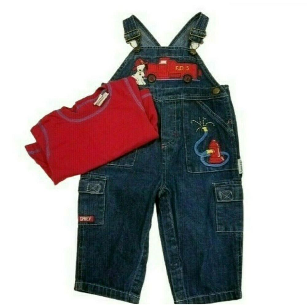 Appliqued Fire Dept Overalls 2 Piece Cotton Outfit 12M